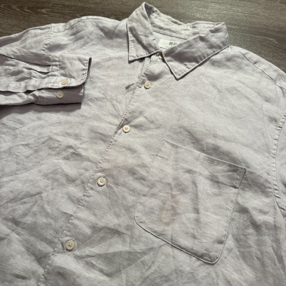 Uniqlo Shirt Mens XL Gray Off White 100% Linen Button Up Long Sleeve Pocket